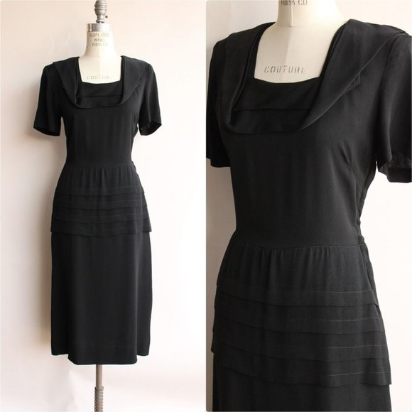 Vintage 1940s Dress / Black Rayon Dress With Shawl Collar, Front Peplum Shoulder - Picture 1 of 11